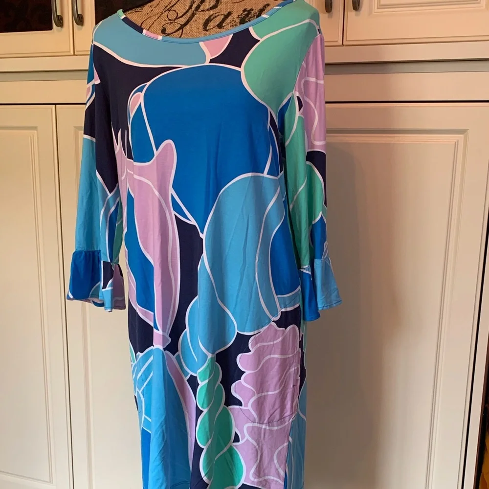 Tori Richard Dress L – Blue Teal & Lavender Print, Boat Neck Light Resort ready - Picture 3 of 4